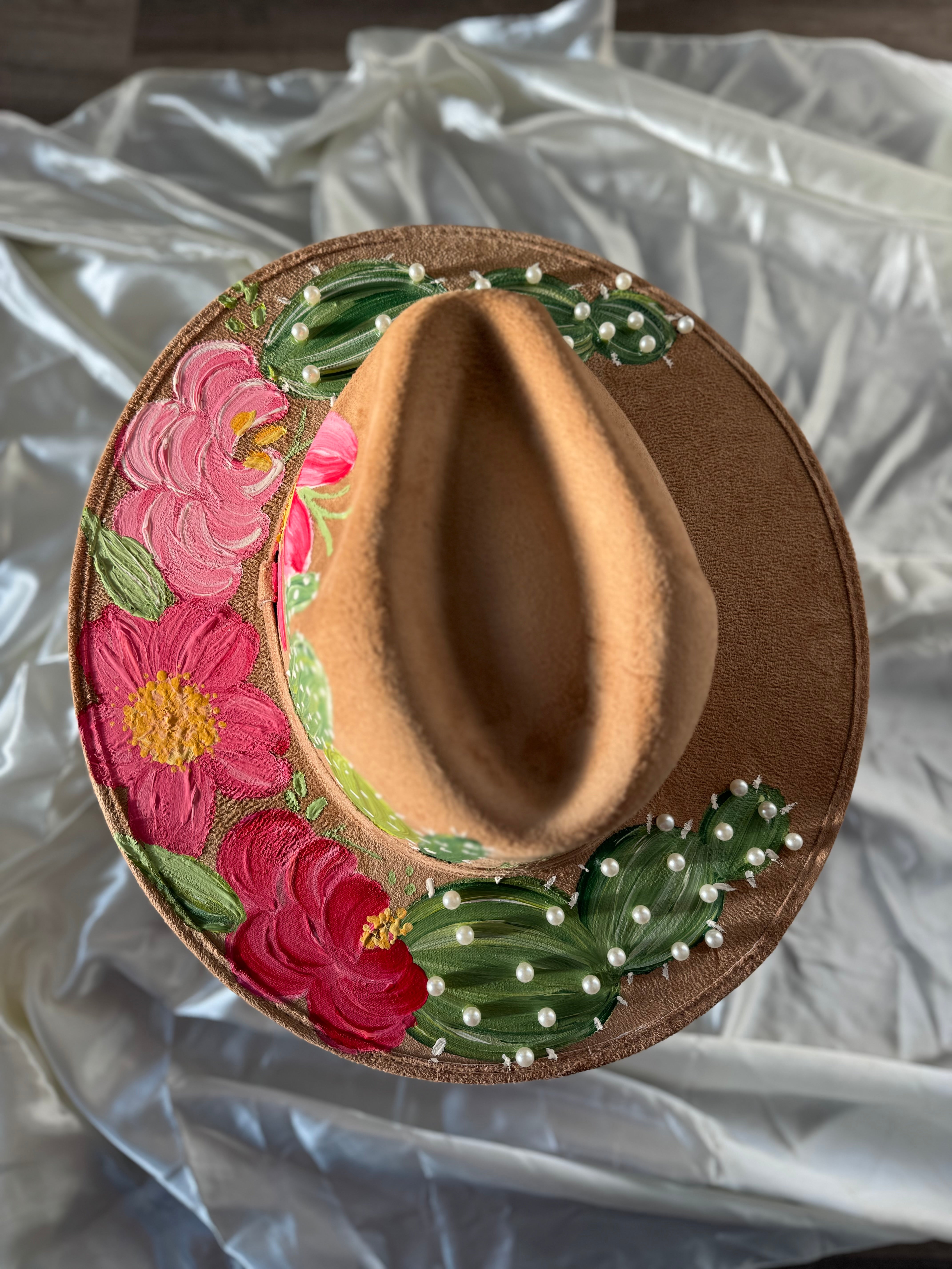 Large Tan Fedora with Cactus Pearl