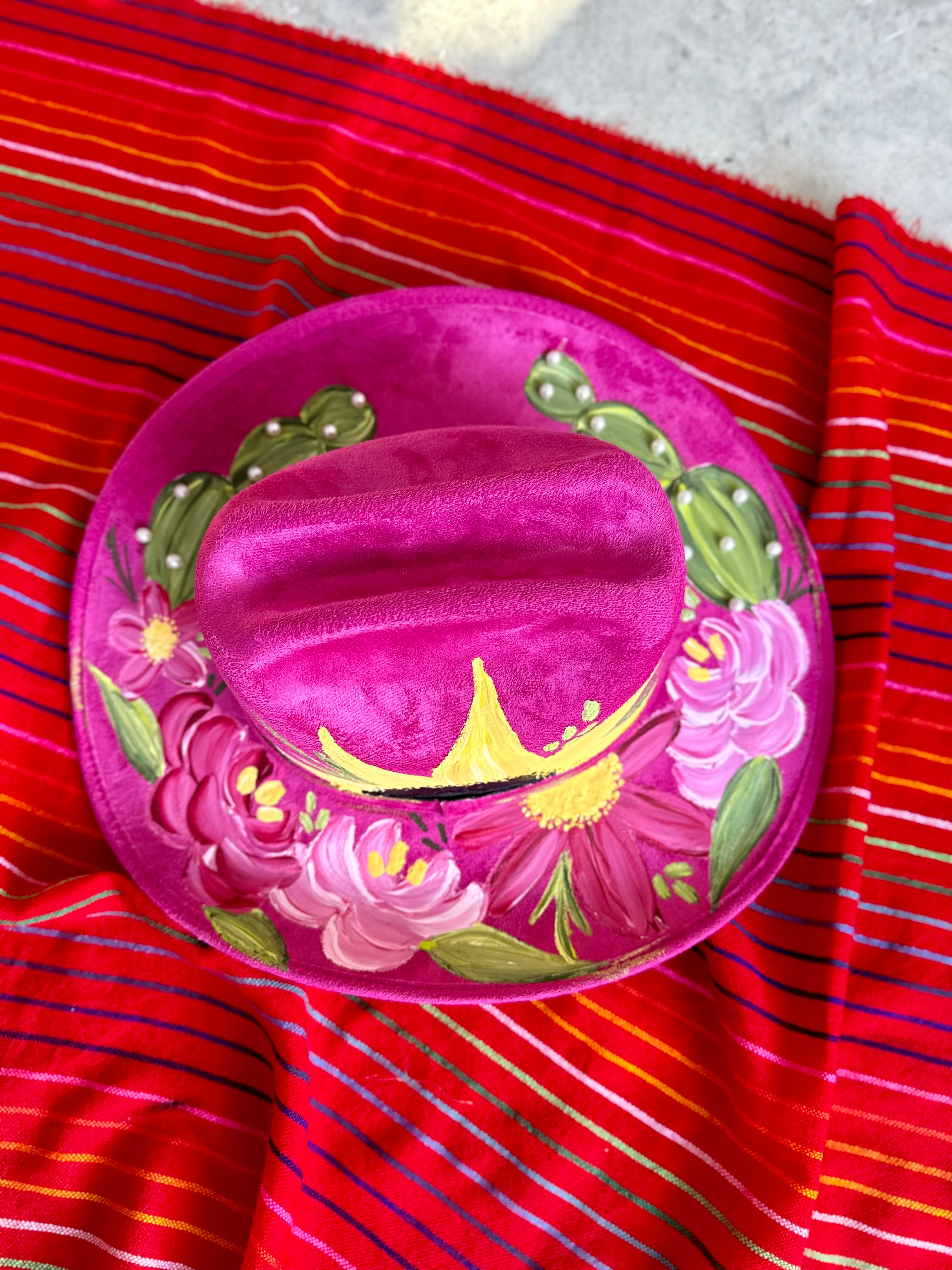 Large Pink Cactus Vegan Suede Cowgirl with Faux Pearls