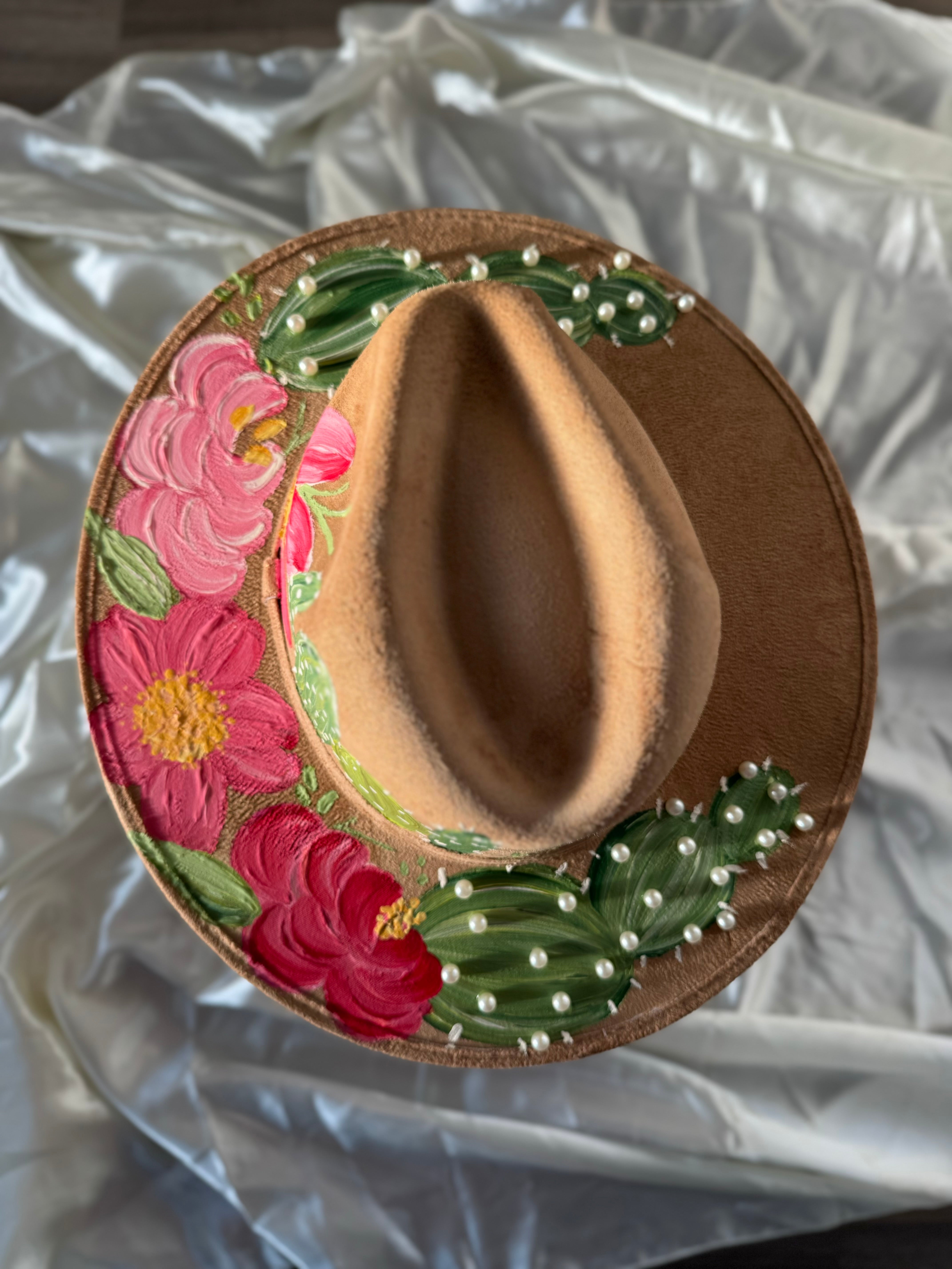 Large Tan Fedora with Cactus Pearl