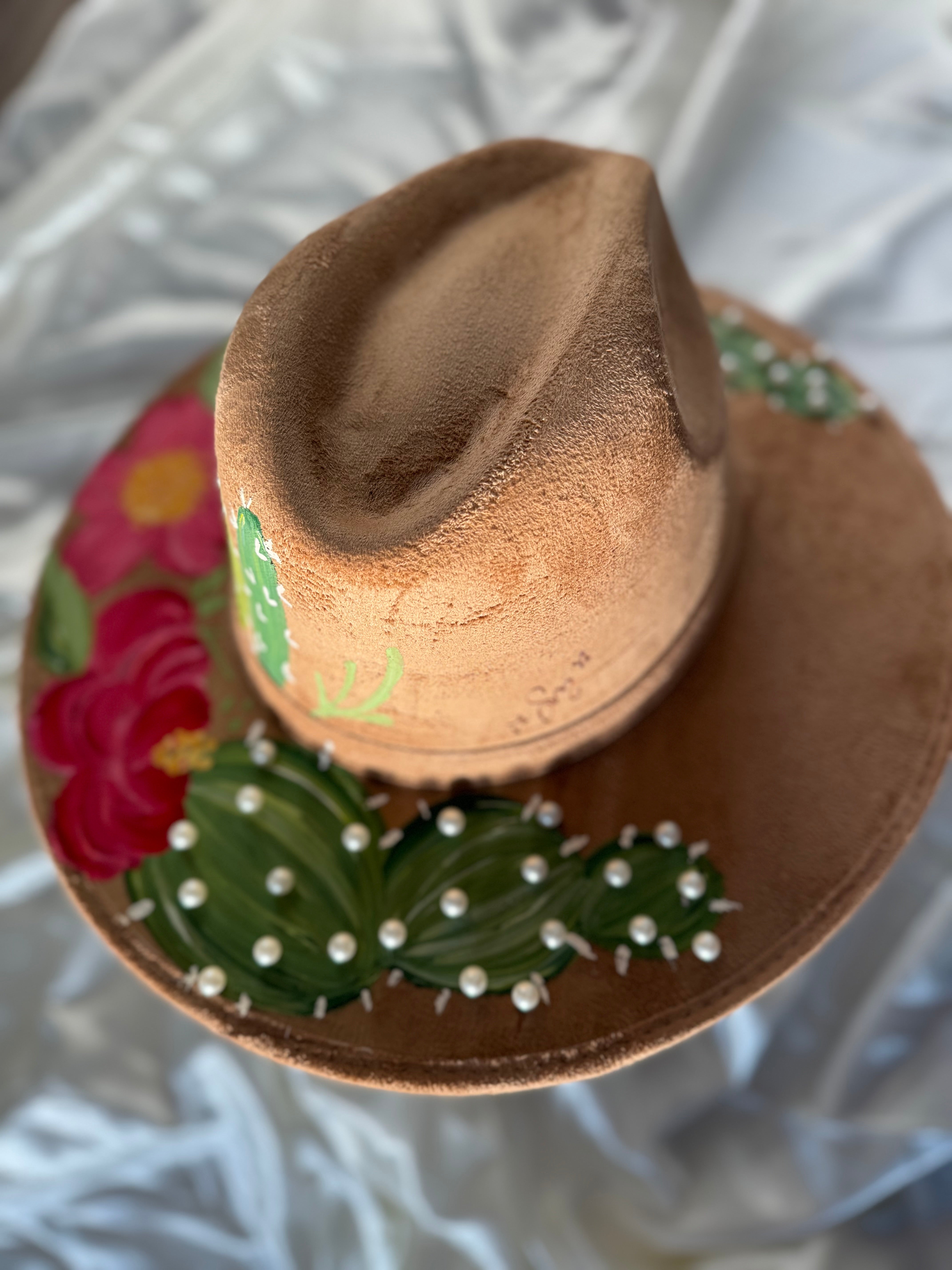 Large Tan Fedora with Cactus Pearl