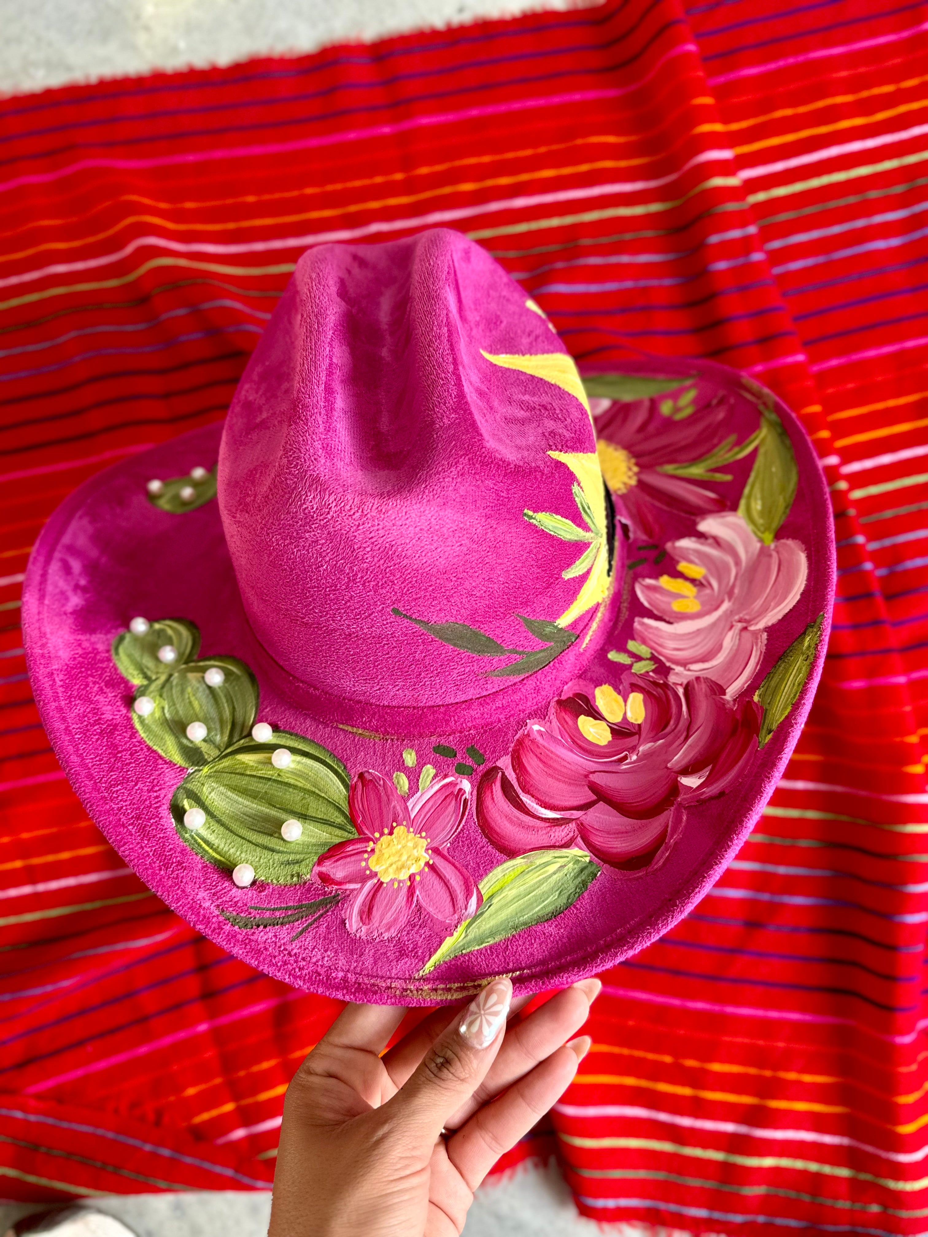 Large Pink Cactus Vegan Suede Cowgirl with Faux Pearls