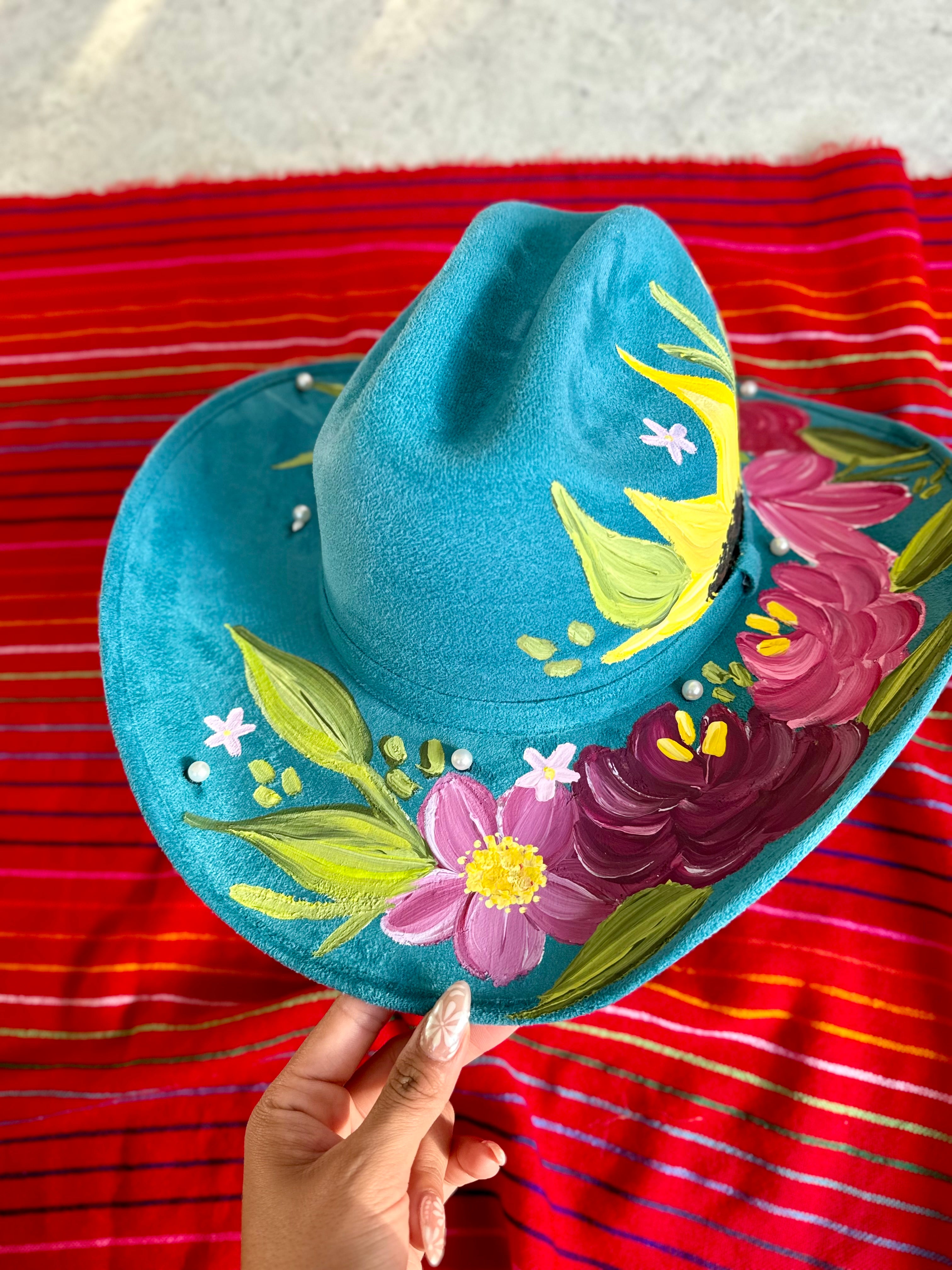Large Teal Vegan Suede Cowgirl with Faux Pearls